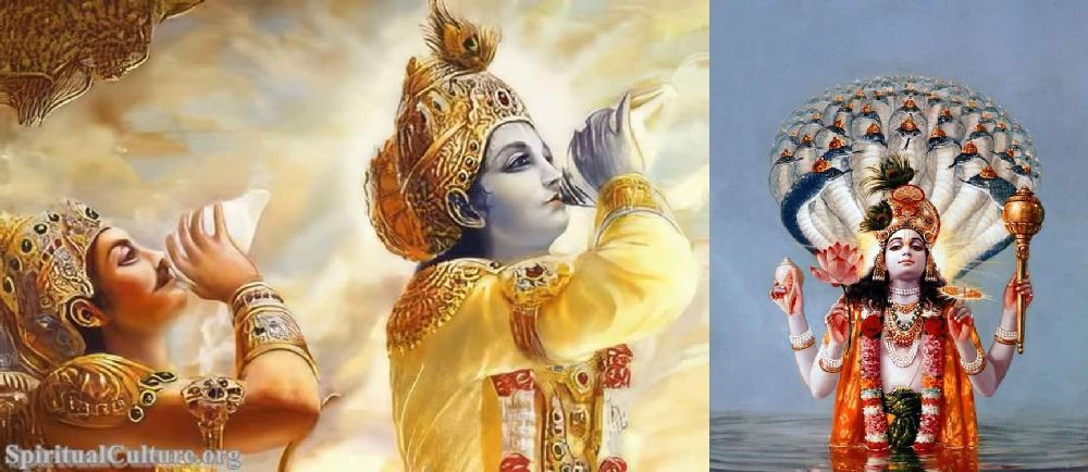 Lord Vishnu or Lord Krishna holding a conch shell, highlighting its significance in Hindu mythology